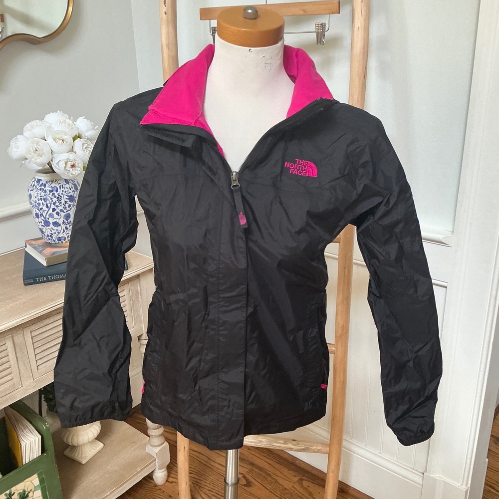 The North Face Girls HyVent Rain Jacket Black Pink Hooded Shell Size L 14/16